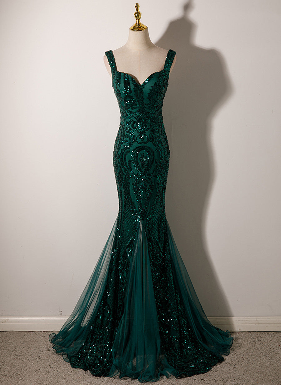 Dark Green Mermaid Tulle With Sequins Straps Prom Dresses Mermaid Long Prom Dresses