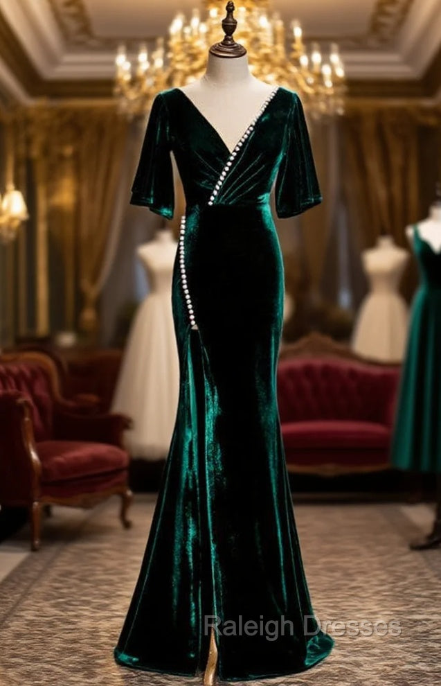 Dark Green Mermaid Velvet Short Sleeve V-neck Prom Dress