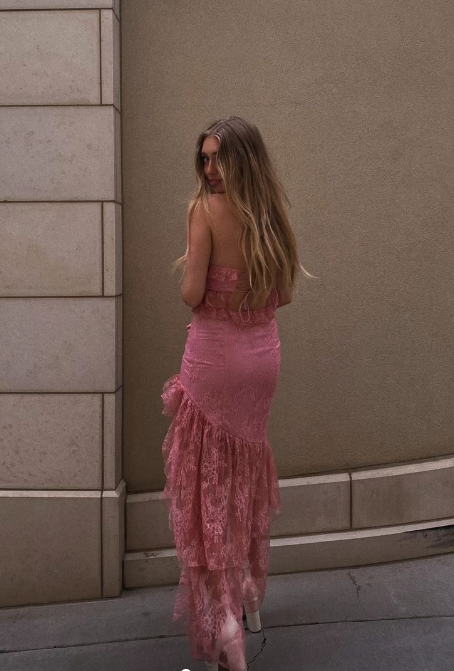 Strapless Lace Ruffle Prom Dresses Long Prom Dresses