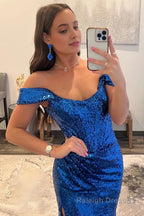 Dark Green Off Shoulder Mermaid Prom Dress with Slit
