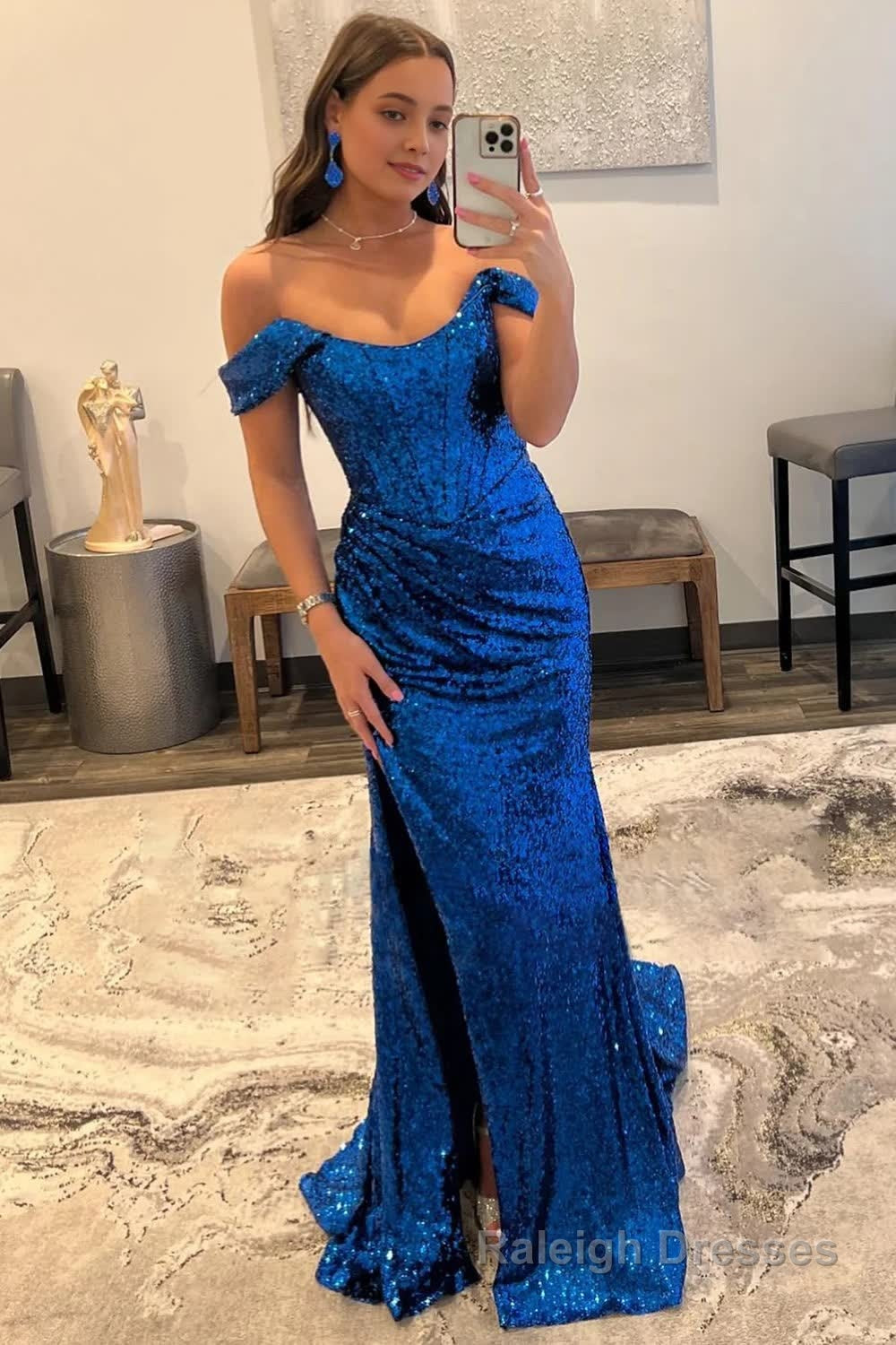 Dark Green Off Shoulder Mermaid Prom Dress with Slit