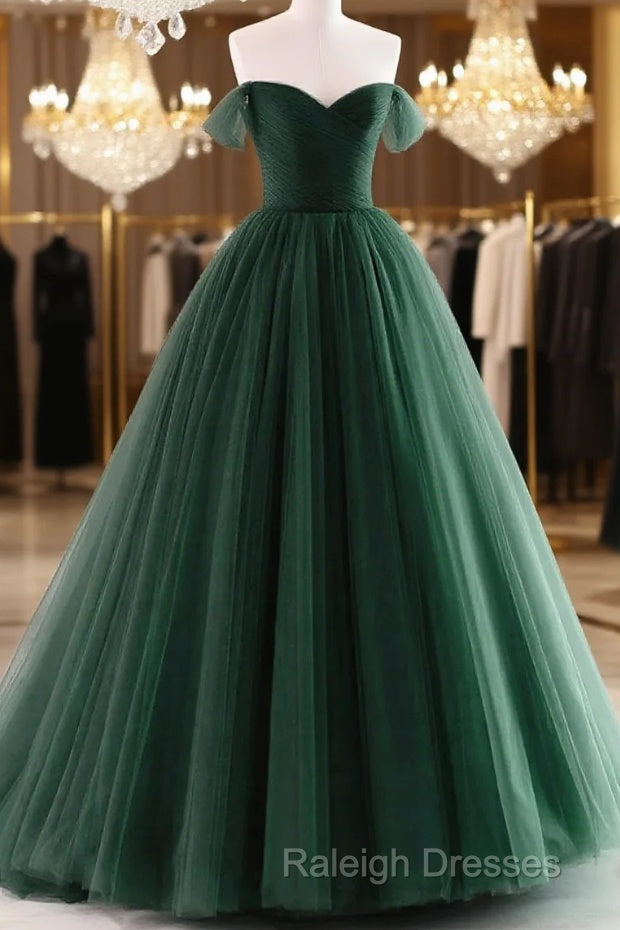 Dark Green Off Shoulder Sweetheart Long Party Dress, Dark Green Sweet 16 Dress