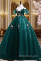 Dark Green Off Shoulder Tulle Prom Dresses with Lace Green Prom Dresseses
