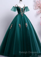 Dark Green Off Shoulder Tulle Prom Dresses with Lace Green Prom Dresseses