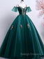 Dark Green Off Shoulder Tulle Prom Dresses with Lace Green Prom Dresseses
