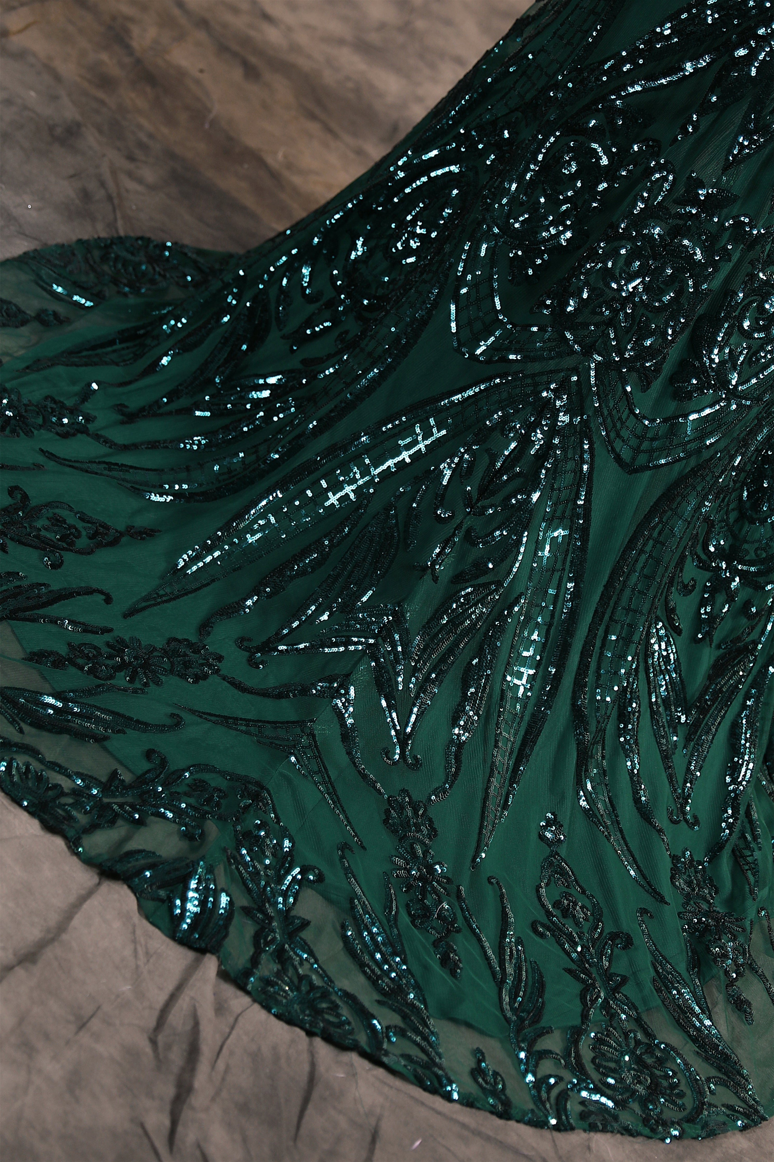 Dark Green Off-The-Shoulder Long Sleeves Sequin Mermaid Prom Dresses