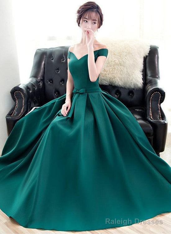 Dark Green Off The Shoulder Satin Long Party Dress, Long Formal Dress Main image
