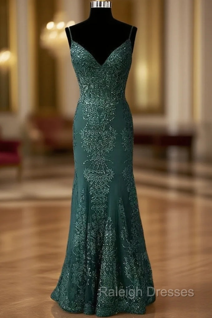 Dark Green Prom Dress Trumpet/Mermaid V Neck Spaghetti Straps Long Dress Floor Length Tulle Prom Dresses With Appliqued Beading Main image