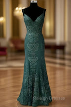 Dark Green Prom Dress Trumpet/Mermaid V Neck Spaghetti Straps Long Dress Floor Length Tulle Prom Dresses With Appliqued Beading
