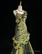 Dark Green Retro Mermaid Irregular Neckline Satin Beaded Long Prom Dress Birthday Graduation Prom Dress