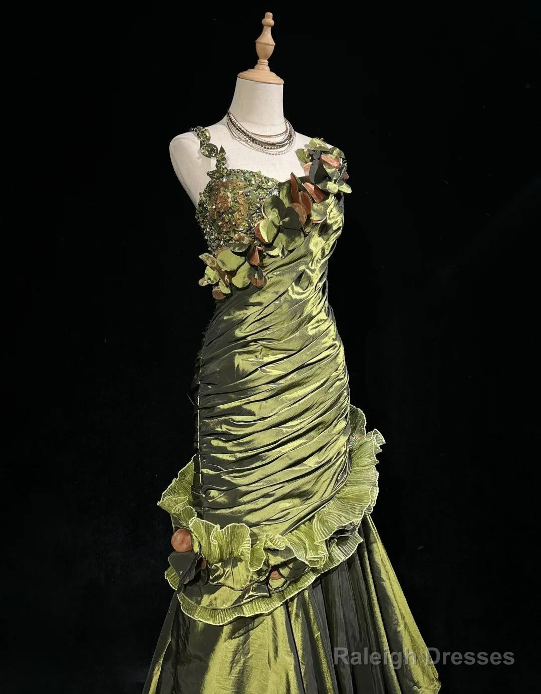 Dark Green Retro Mermaid Irregular Neckline Satin Beaded Long Prom Dress Birthday Graduation Prom Dress