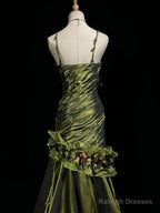 Dark Green Retro Mermaid Irregular Neckline Satin Beaded Long Prom Dress Birthday Graduation Prom Dress