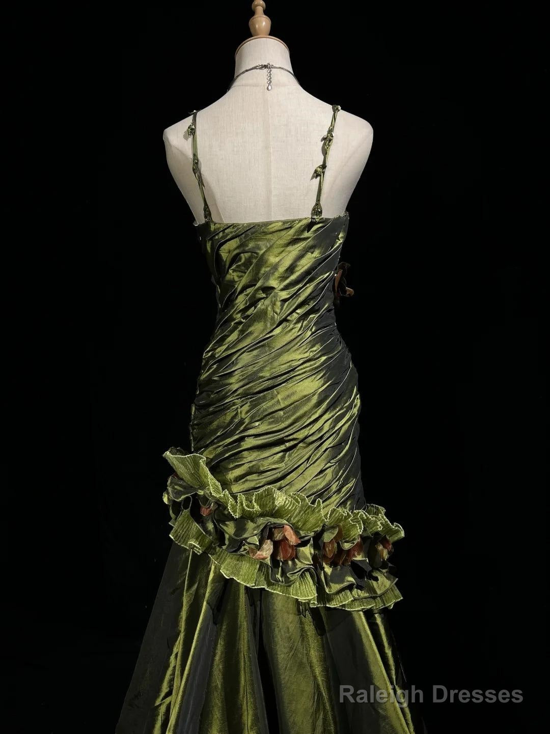 Dark Green Retro Mermaid Irregular Neckline Satin Beaded Long Prom Dress Birthday Graduation Prom Dress