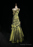 Dark Green Retro Mermaid Irregular Neckline Satin Beaded Long Prom Dress Birthday Graduation Prom Dress