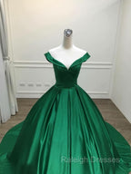 Dark Green Satin Ball Gown Long Evening Dress Prom Dress, Green Formal Dresses