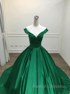 Dark Green Satin Ball Gown Long Prom Dresseses Green Prom Dress