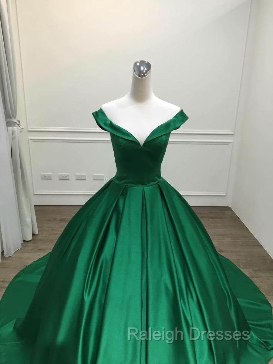 Dark Green Satin Ball Gown Long Prom Dresseses Green Prom Dress