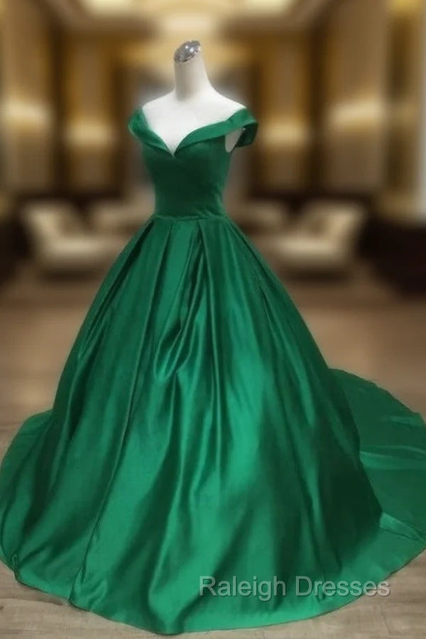 Dark Green Satin Ball Gown Long Prom Dresseses Green Prom Dress Main image