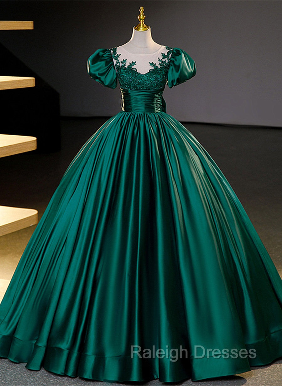 Dark Green Satin Ball Gown Sweet 16 Dress, Green Long Formal Dress Party Dress