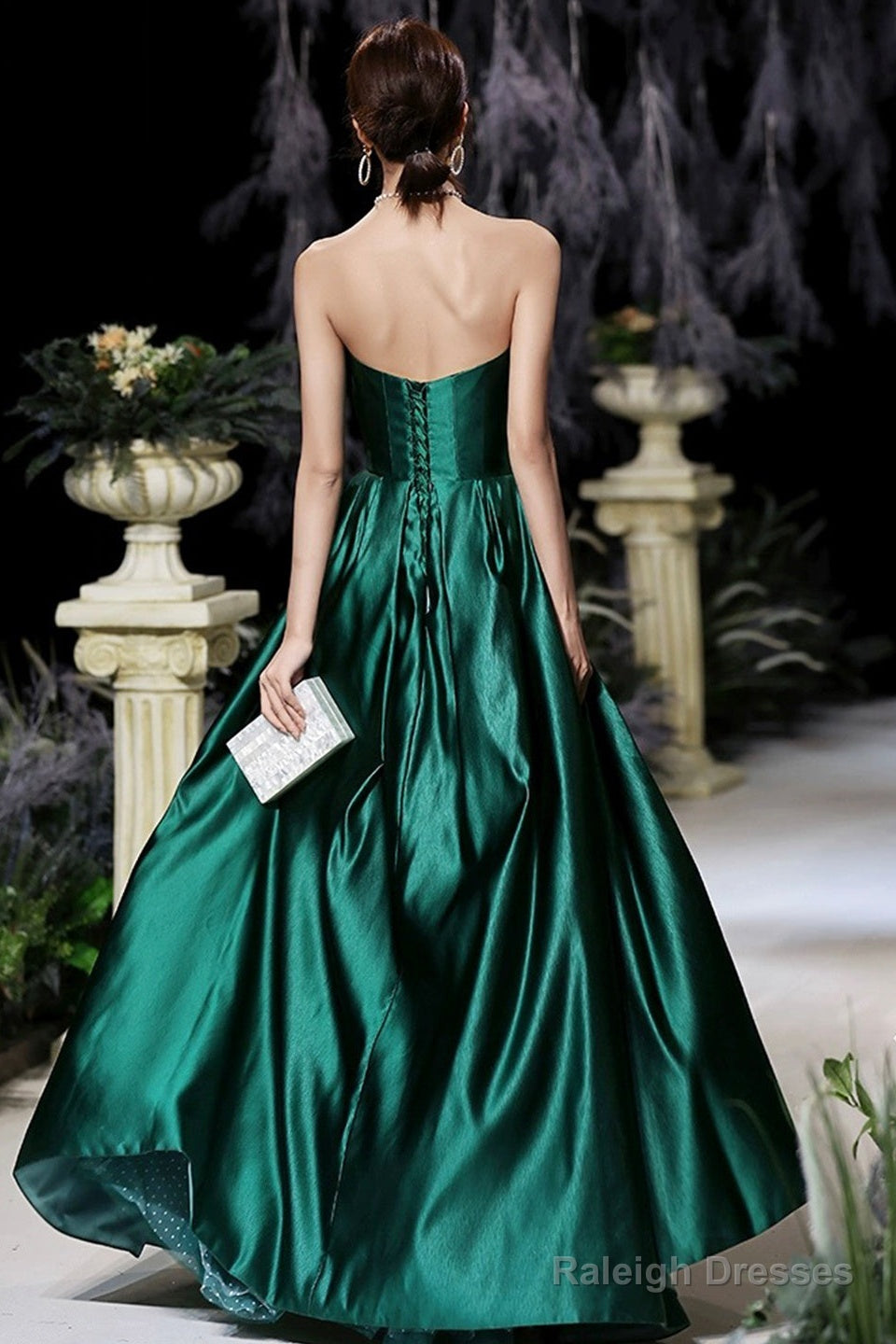 Dark Green Satin Long Prom Dress, Beautiful A-Line Strapless Evening Party Dress Secondary image