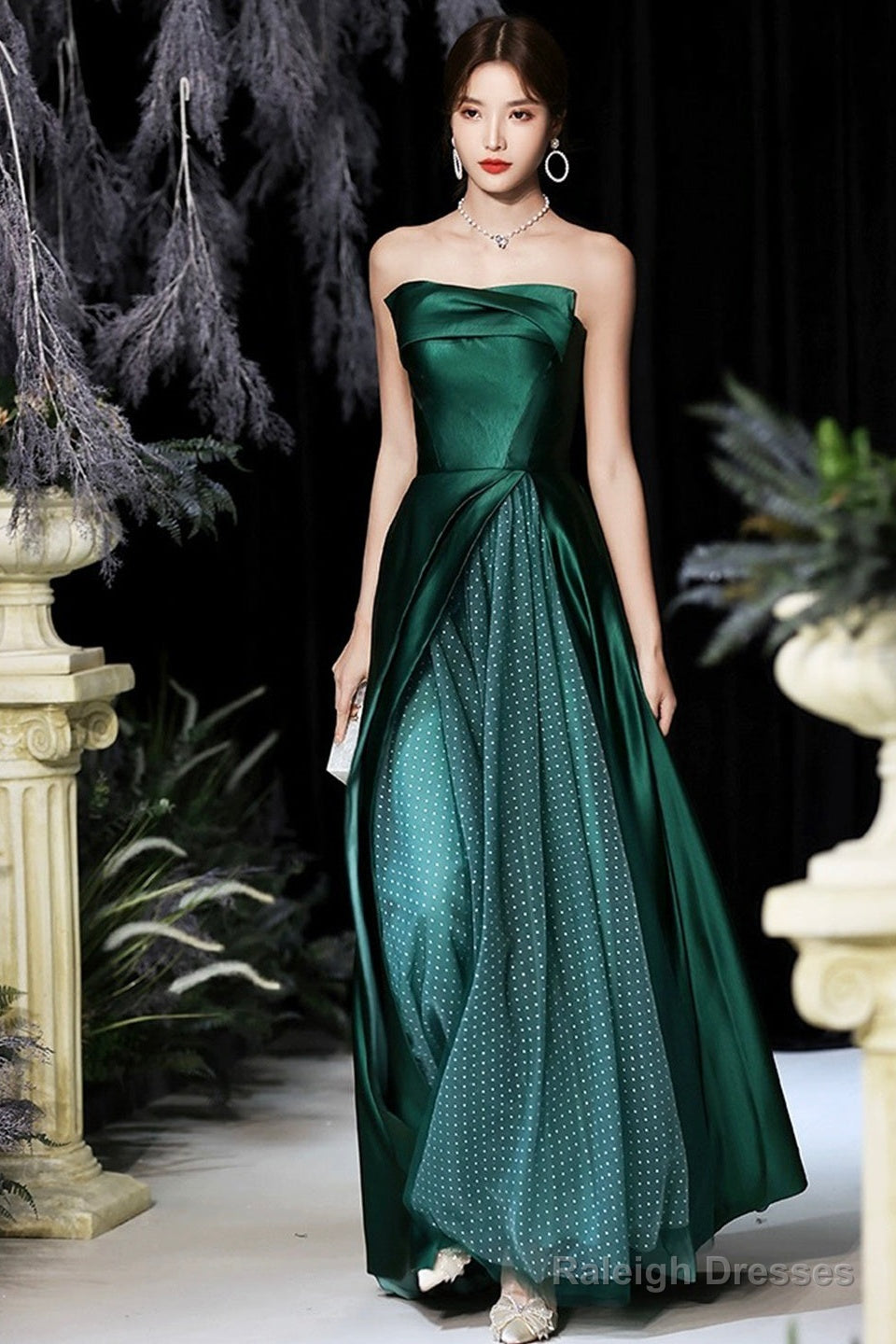 Dark Green Satin Long Prom Dress, Beautiful A-Line Strapless Evening Party Dress