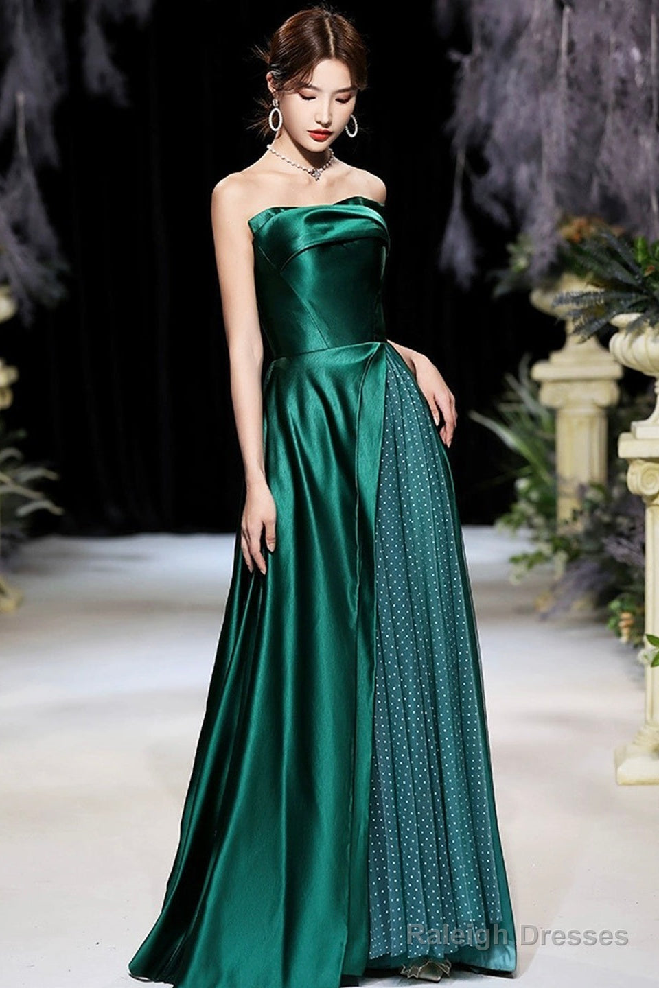 Dark Green Satin Long Prom Dress, Beautiful A-Line Strapless Evening Party Dress