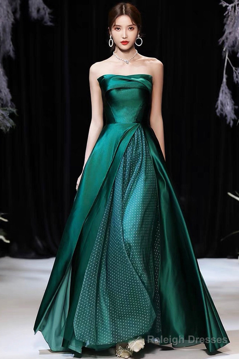 Dark Green Satin Long Prom Dress, Beautiful A-Line Strapless Evening Party Dress Main image