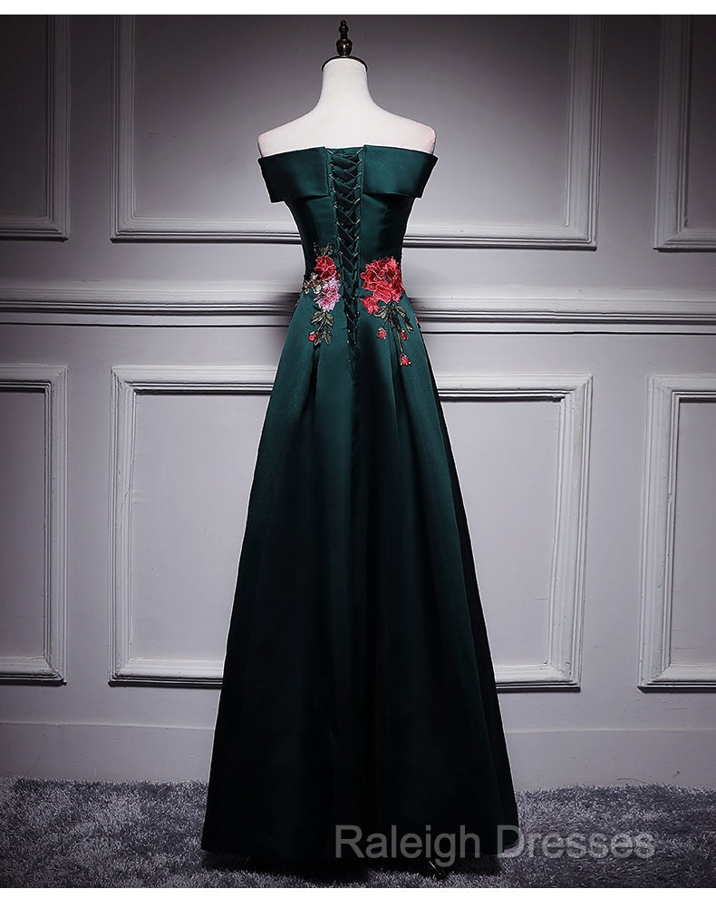 Dark Green Satin Off Shoulder Floor Length Satin Party Dress, Green Prom Dress Formal Dress Secondary image