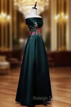 Dark Green Satin Off Shoulder Floor Length Satin Prom Dresses Green Prom Dresseses