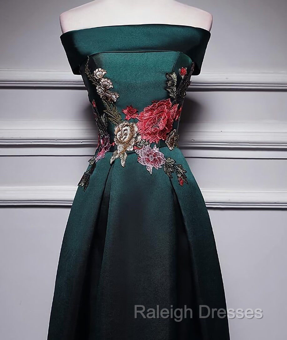Dark Green Satin Off Shoulder Floor Length Satin Prom Dresses Green Prom Dresseses