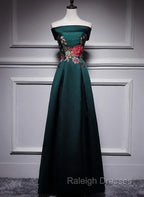Dark Green Satin Off Shoulder Floor Length Satin Party Dress, Green Prom Dress Formal Dress