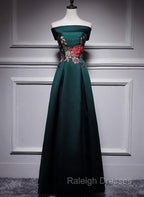 Dark Green Satin Off Shoulder Floor Length Satin Prom Dresses Green Prom Dresseses