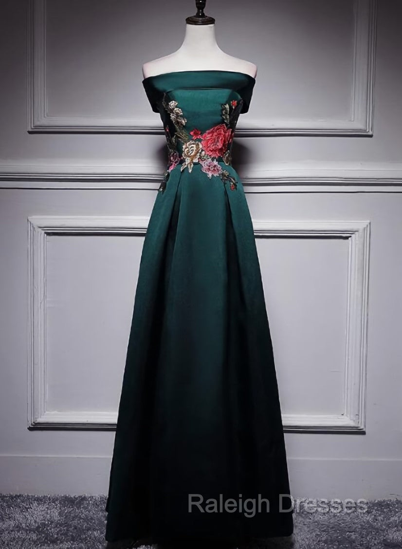 Dark Green Satin Off Shoulder Floor Length Satin Prom Dresses Green Prom Dresseses
