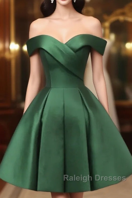 Dark Green Satin Off Shoulder Knee Length Party Dress, Green Homecoming Dress Prom Dress Main image