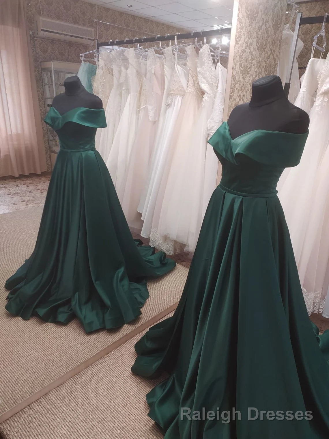 Dark Green Satin Off Shoulder Long Formal Dress with Slit, Long Evening Dresses Secondary image