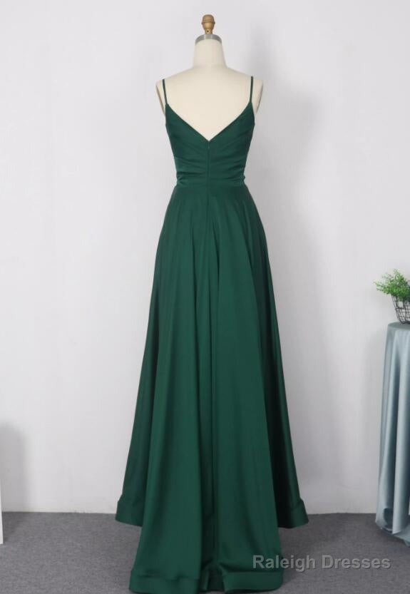 Dark Green Satin Straps V-Neckline A-Line Party Dresses, Green Evening Long Prom Dress Secondary image