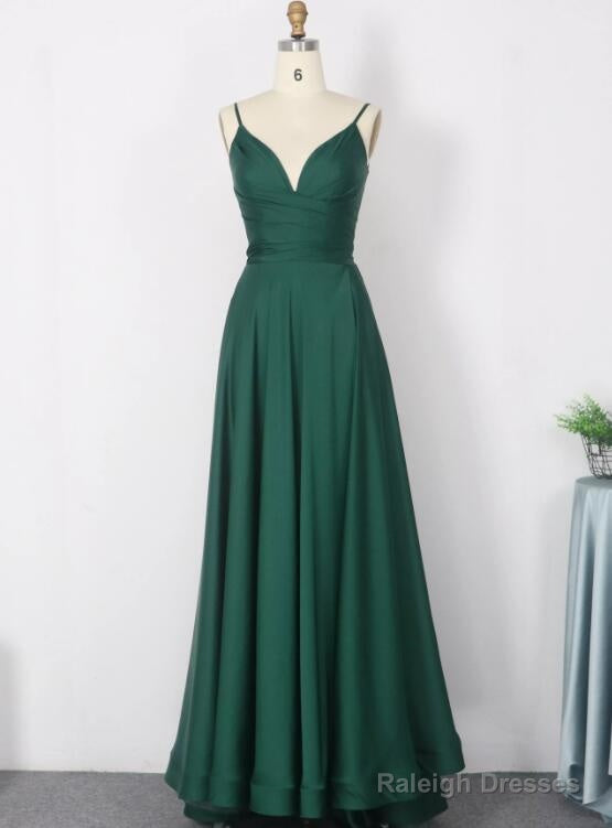 Dark Green Satin Straps V-Neckline A-Line Party Dresses, Green Evening Long Prom Dress Main image