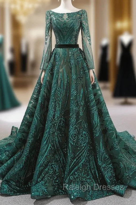 Dark Green Sequins Long Sleeve Backless Prom Dress With Long Train