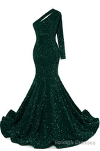 Dark Green Sequins Mermaid Prom Dresses One Shoulder Prom Dresses Floor Length Wedding Prom Gown