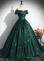 Dark Green Sequins Off Shoulder Ball Gown Prom Dress, Dark Green Formal Dress