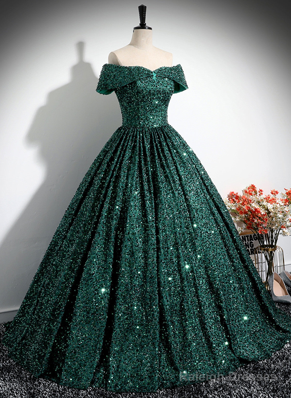 Dark Green Sequins Off Shoulder Ball Gown Prom Dress, Dark Green Formal Dress
