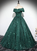 Dark Green Sequins Off Shoulder Ball Gown Prom Dress, Dark Green Formal Dress