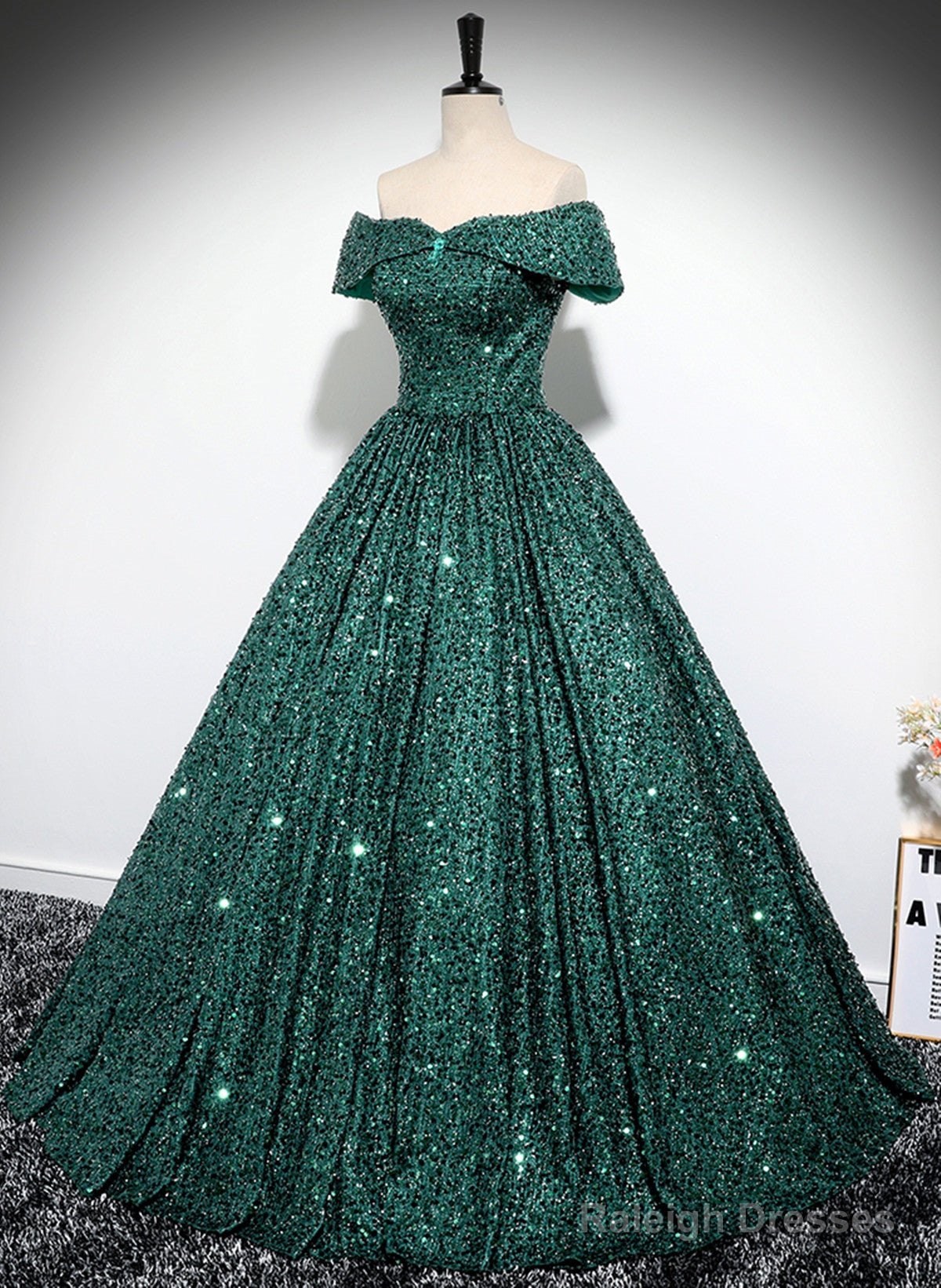 Dark Green Sequins Off Shoulder Ball Gown Prom Dress, Dark Green Formal Dress