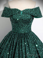 Dark Green Sequins Off Shoulder Ball Gown Prom Dress, Dark Green Formal Dress
