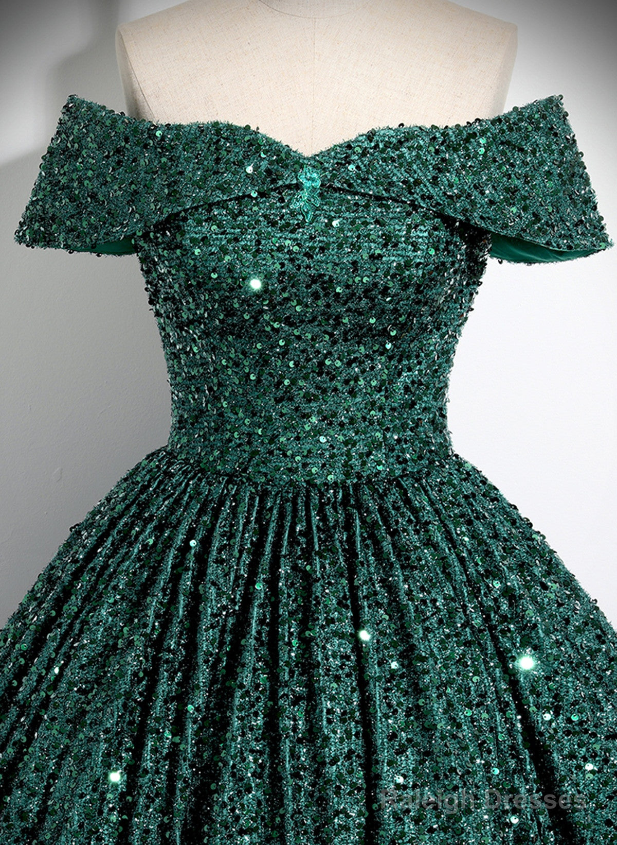 Dark Green Sequins Off Shoulder Ball Gown Prom Dress, Dark Green Formal Dress