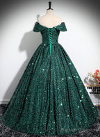 Dark Green Sequins Off Shoulder Ball Gown Prom Dress, Dark Green Formal Dress
