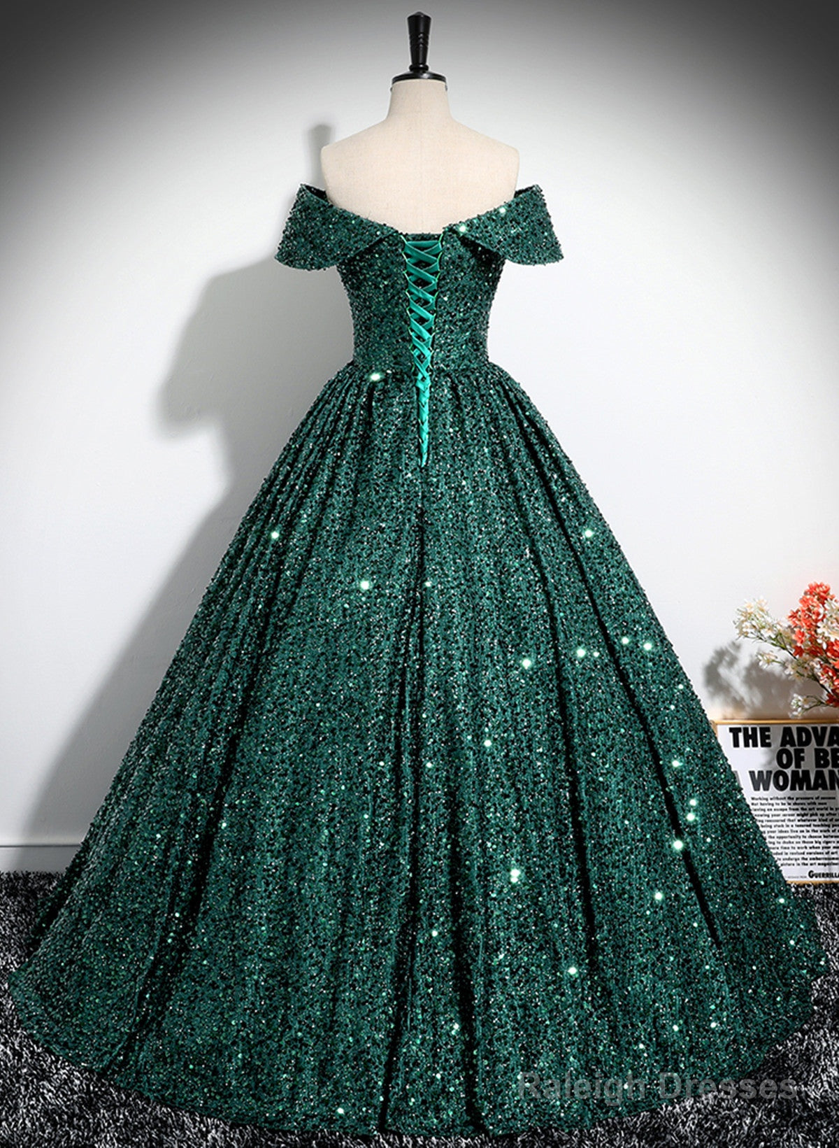 Dark Green Sequins Off Shoulder Ball Gown Prom Dress, Dark Green Formal Dress