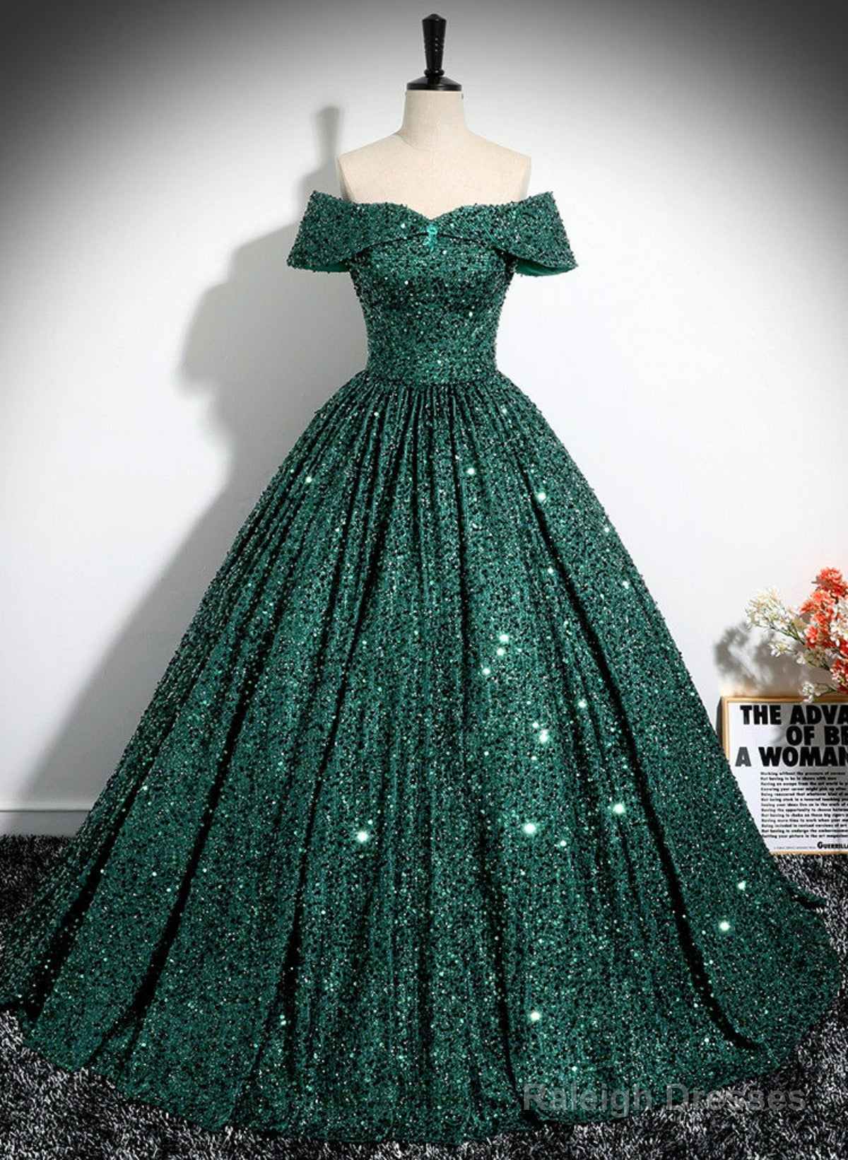 Dark Green Sequins Off Shoulder Ball Gown Prom Dress, Dark Green Formal Dress