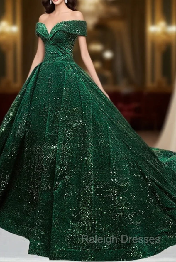 Dark Green Sequins Off Shoulder Ball Gown Sweet 16 Dress, Dark Green Prom Dress Secondary image