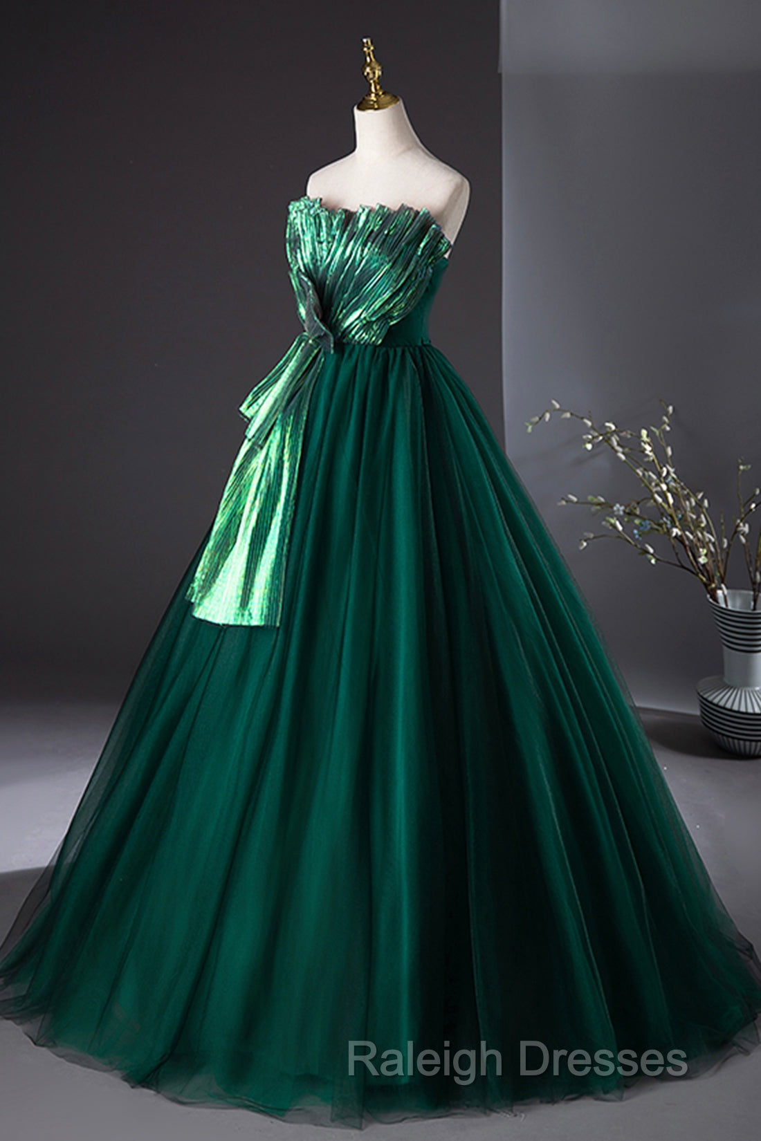 Dark Green Strapless Tulle Long Prom Dress, Beautiful A-Line Formal Evening Dress Secondary image